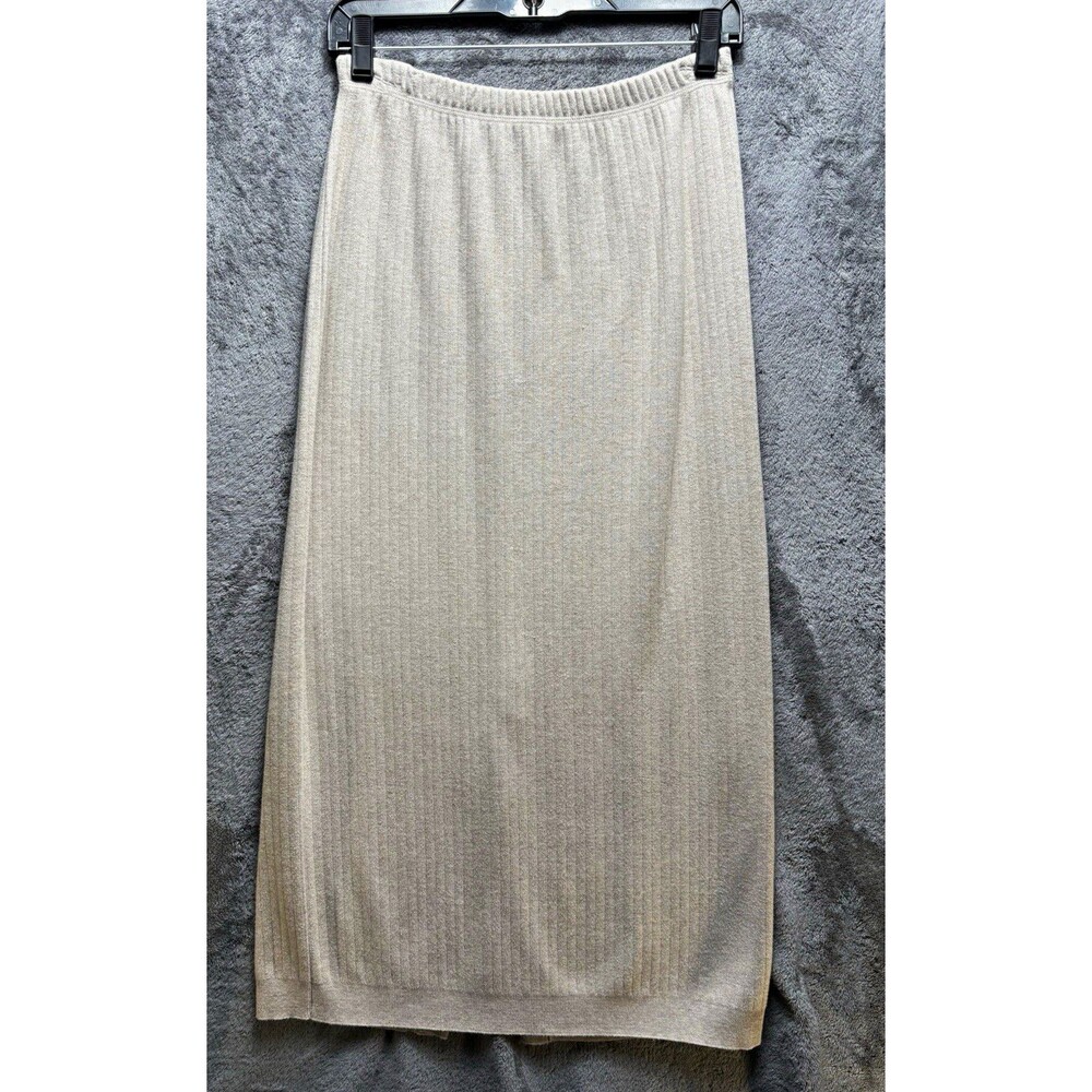 Chaus Women's Beige Knit Cotton Pull-On Midi Pencil Skirt Elastic Waist Slit M